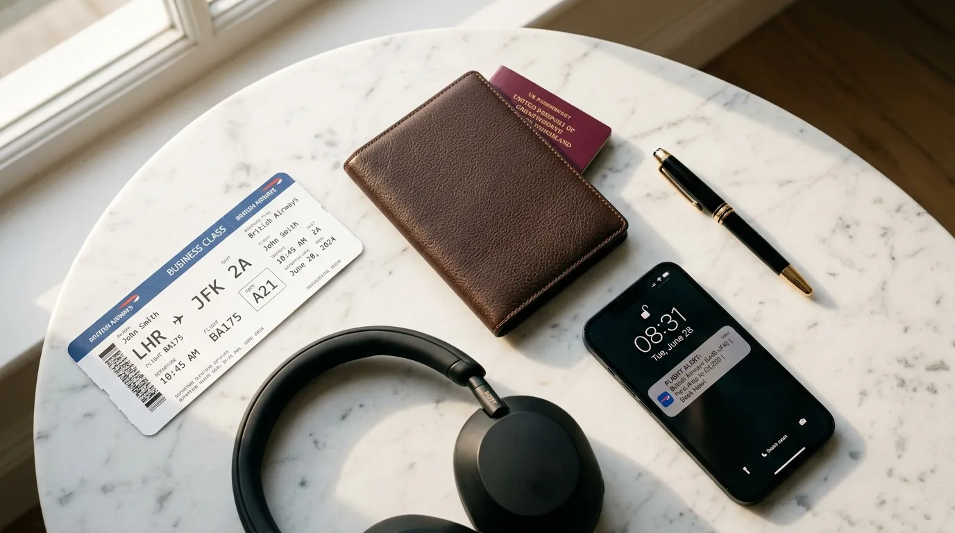 Business class travel essentials flat-lay