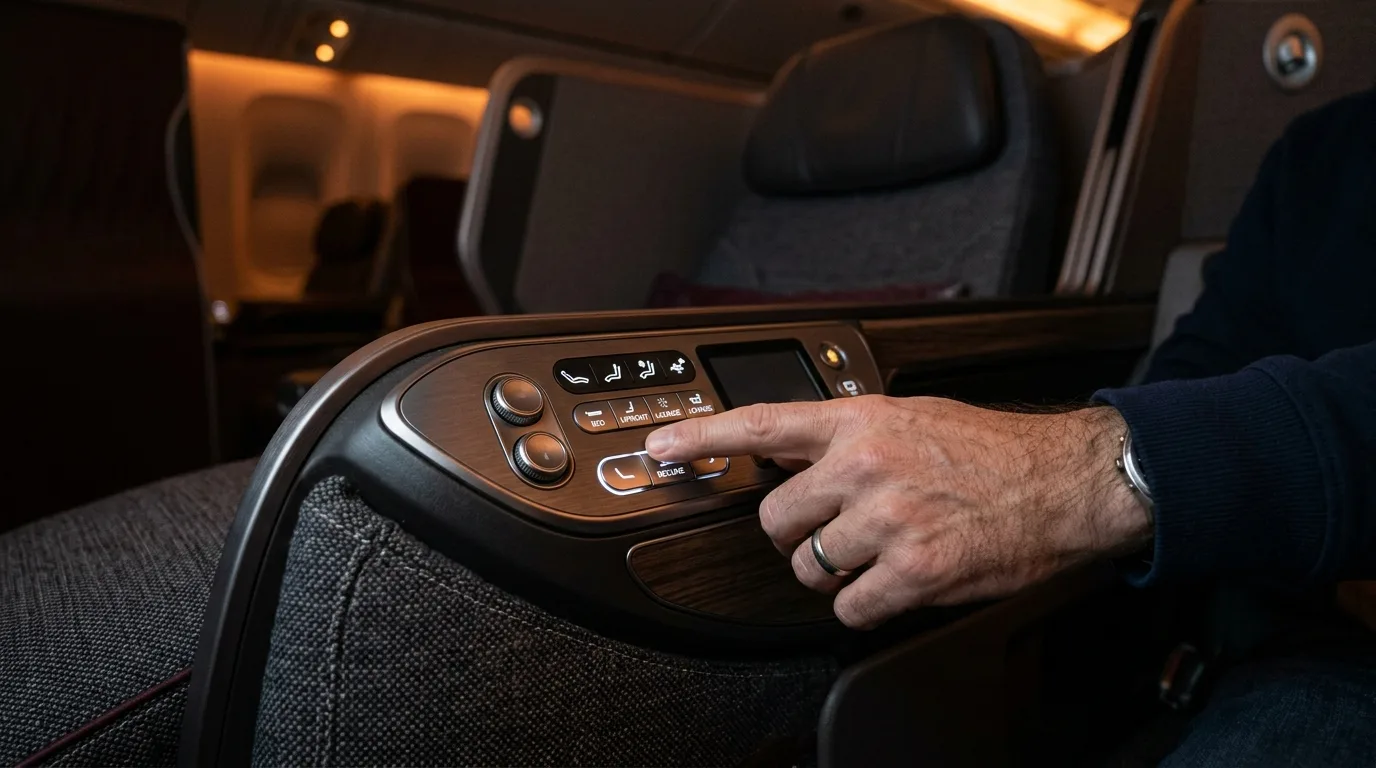 Business class lie-flat seat controls close-up