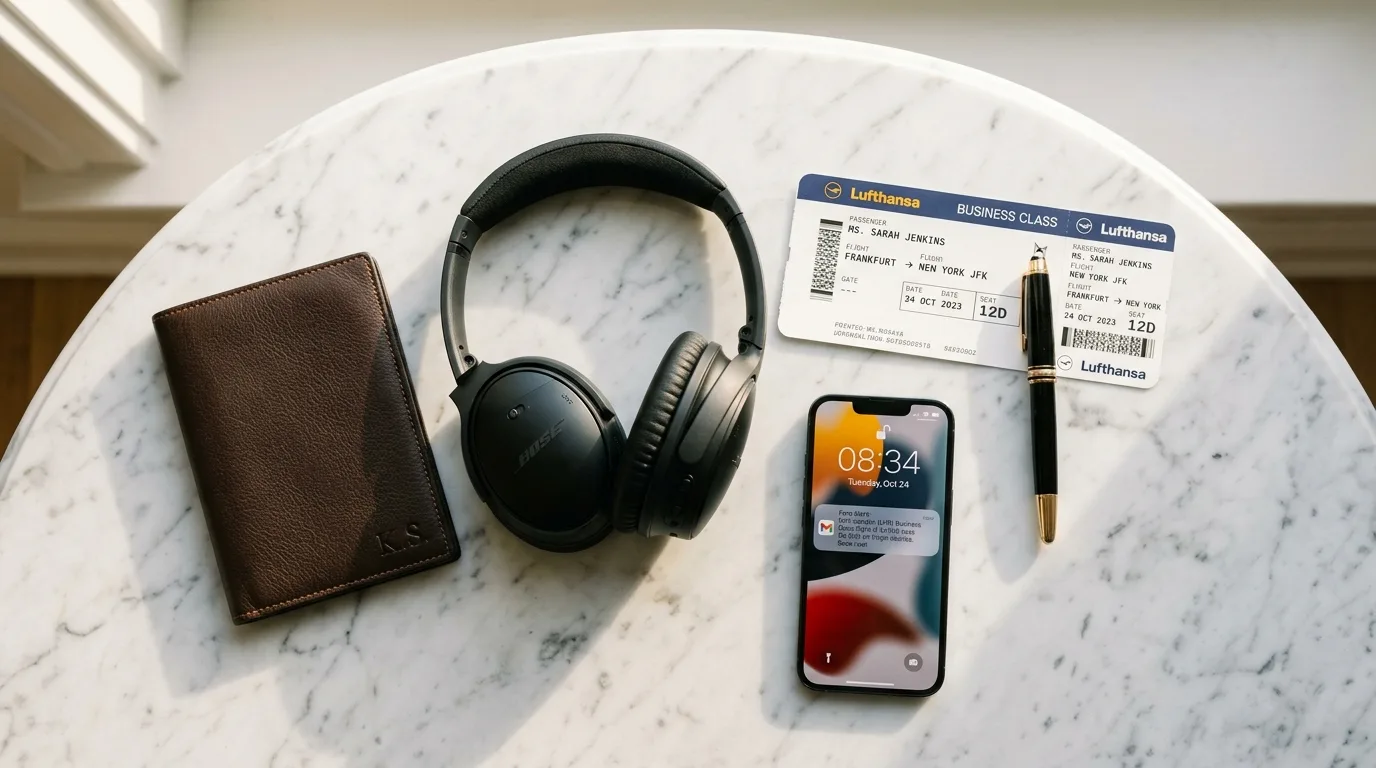 Business class travel essentials flat-lay