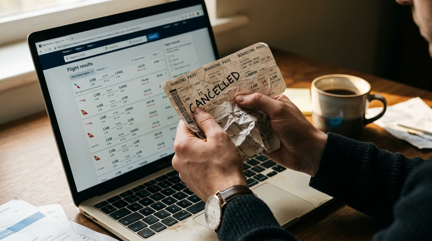 Frustrated traveler with boarding pass — costly booking mistakes