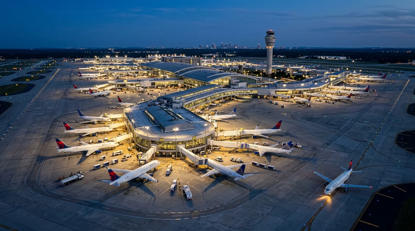 Major US airport at dusk — departure city strategy