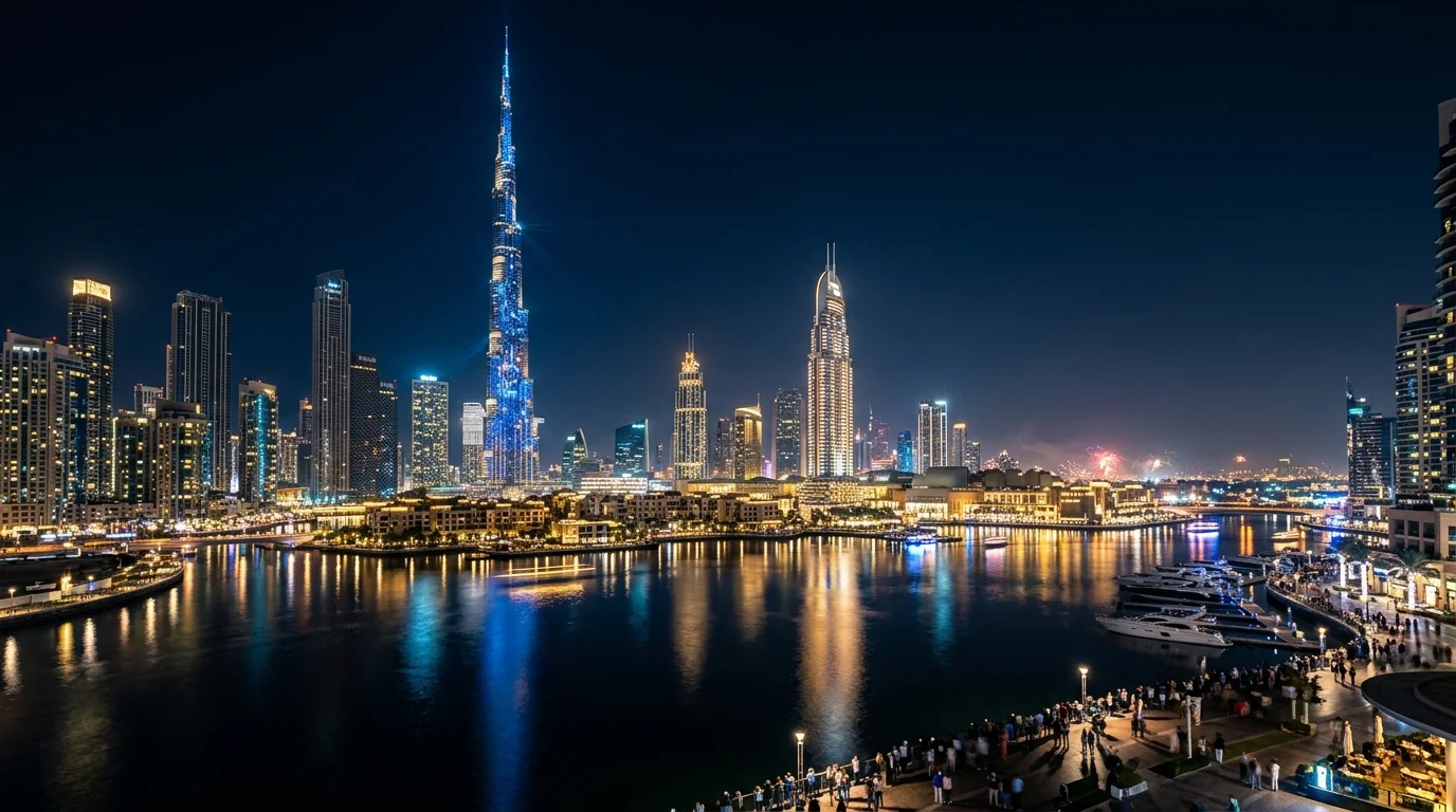 Dubai skyline at night — New Year's Eve business class destination