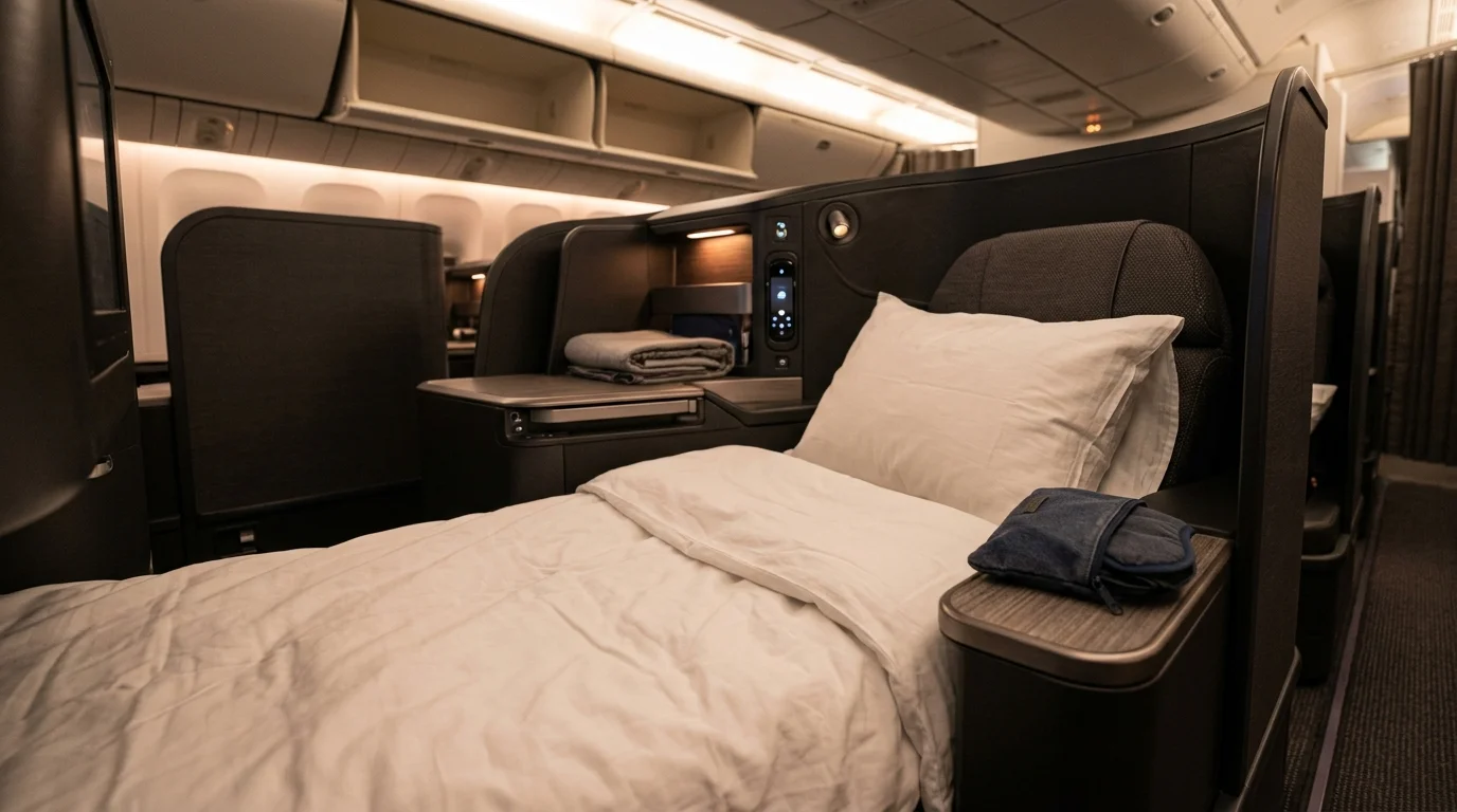 Business class lie-flat bed ready for sleep