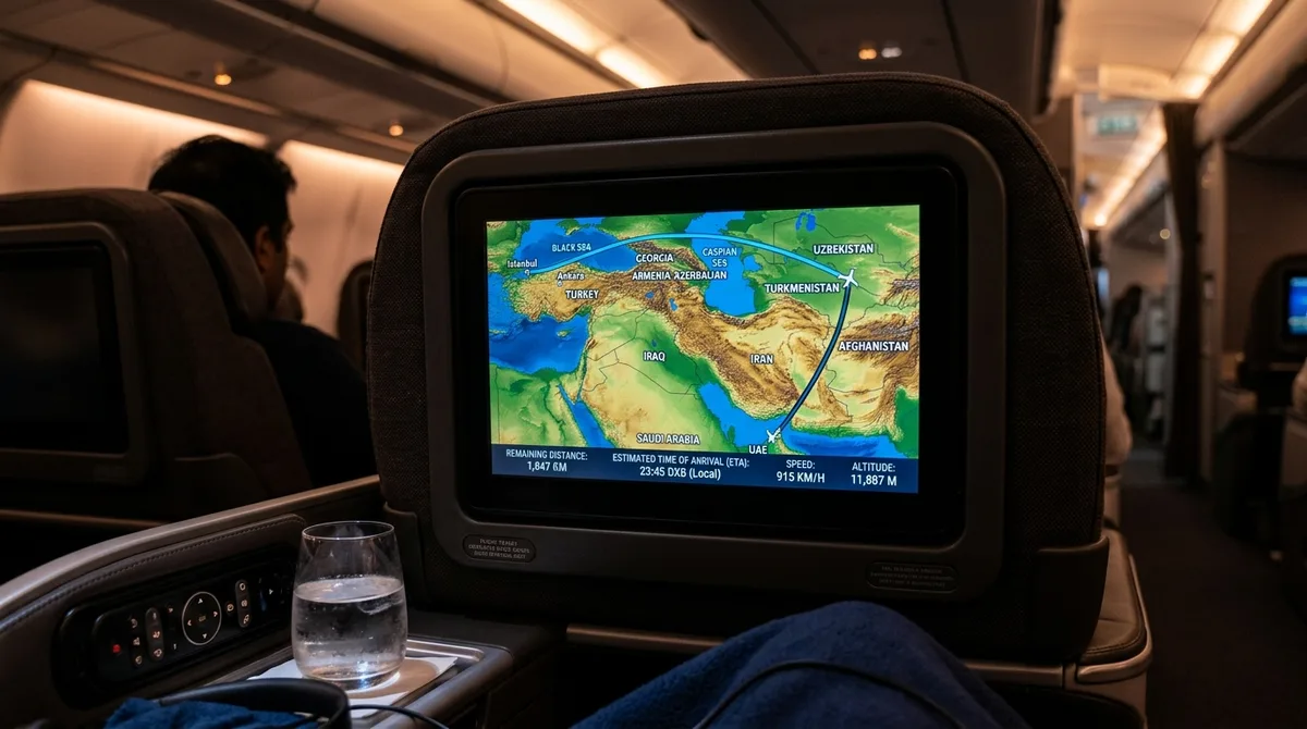 In-flight entertainment screen showing flight path rerouted around restricted airspace
