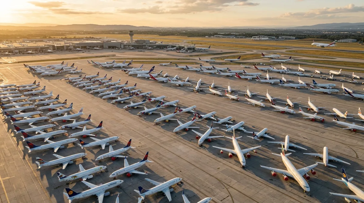 Rows of commercial aircraft parked on airport tarmac viewed from control tower