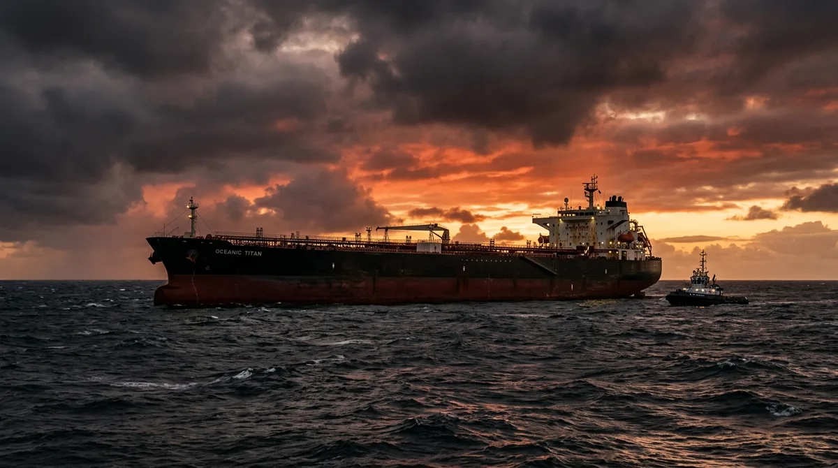 Large oil tanker ship on open water at sunset with dramatic sky