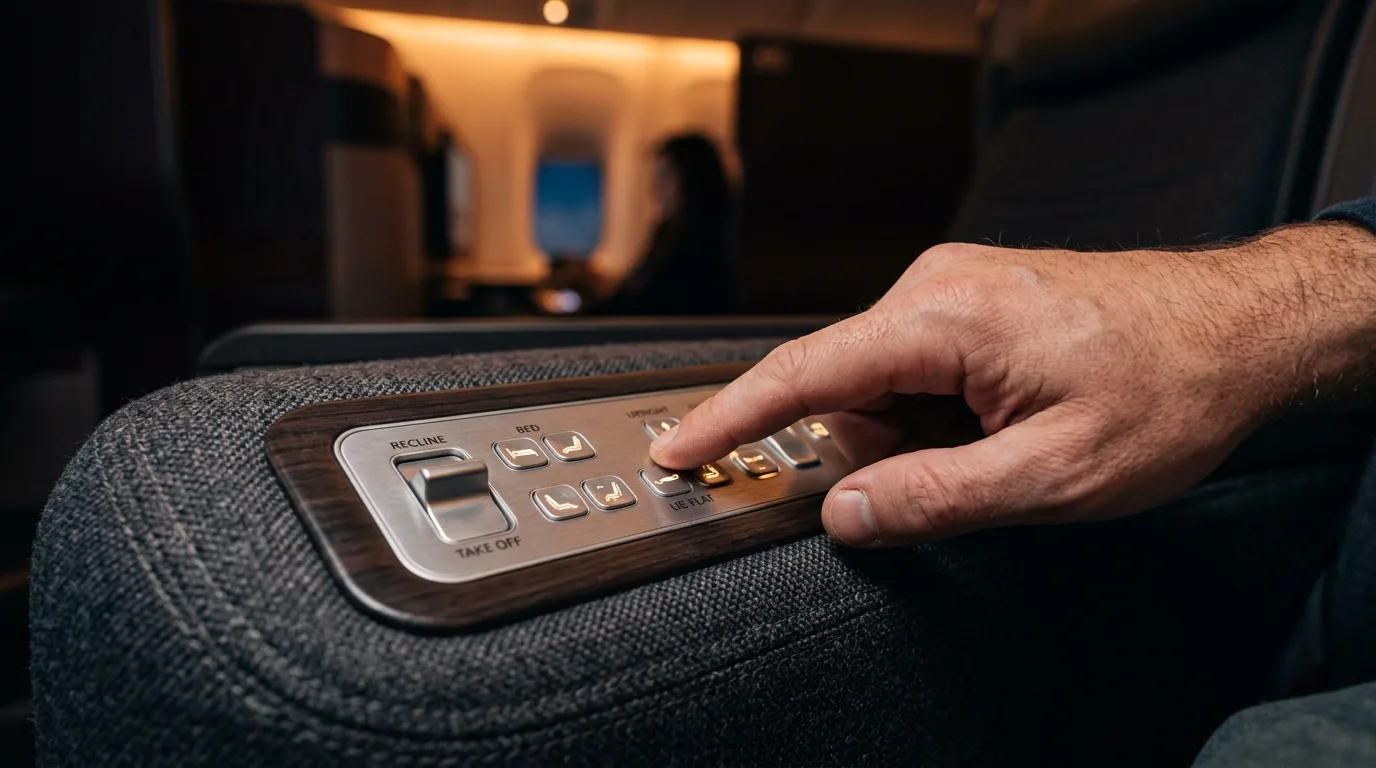Business class lie-flat seat controls close-up