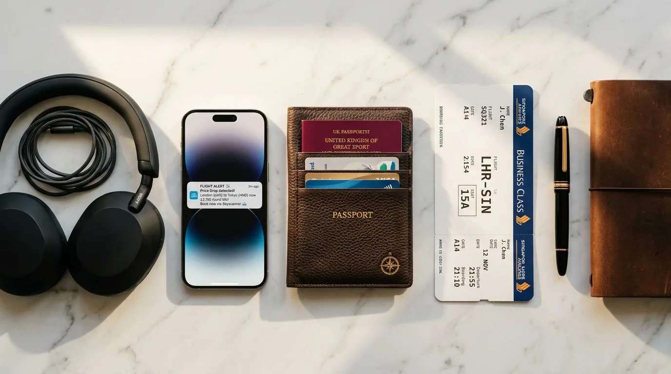Business class travel essentials flat-lay