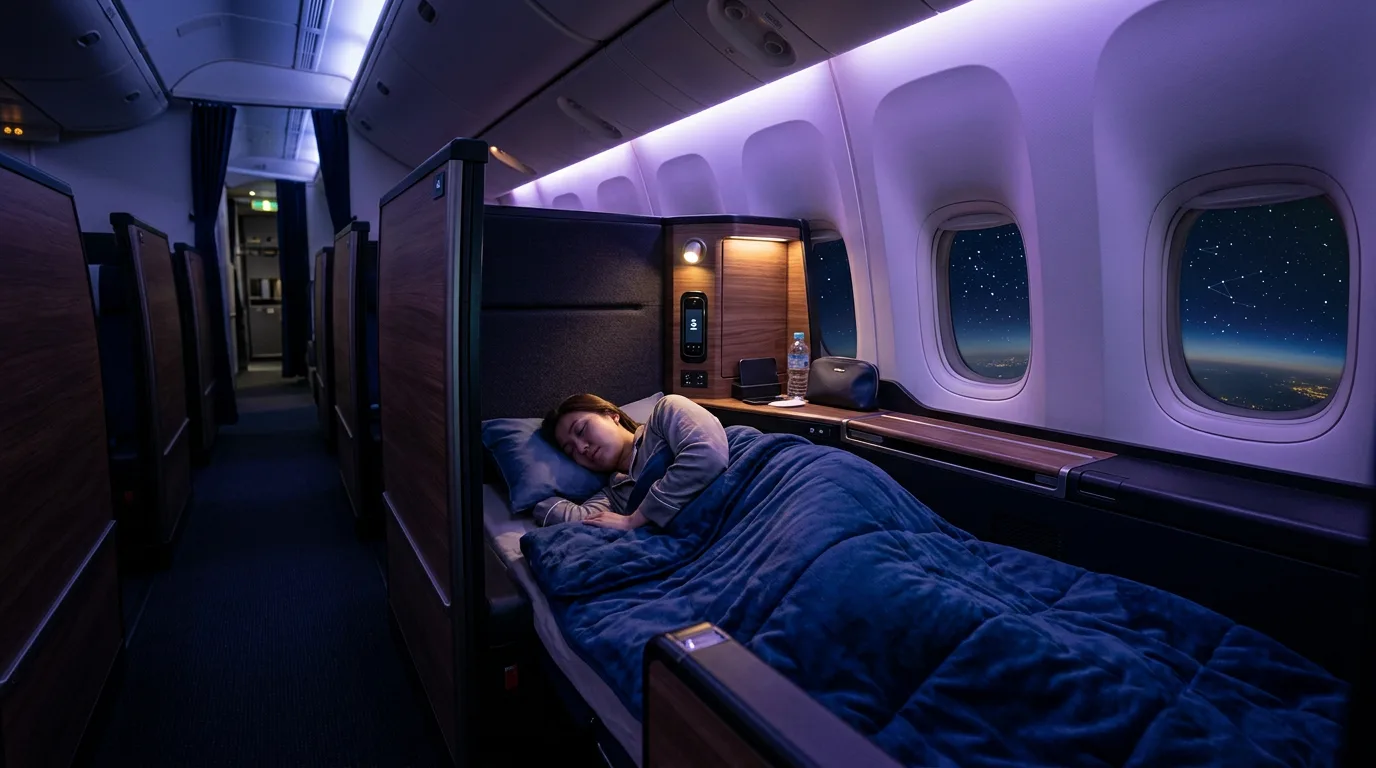Inside a premium ANA business class suite with lie-flat bed and ambient cabin lighting