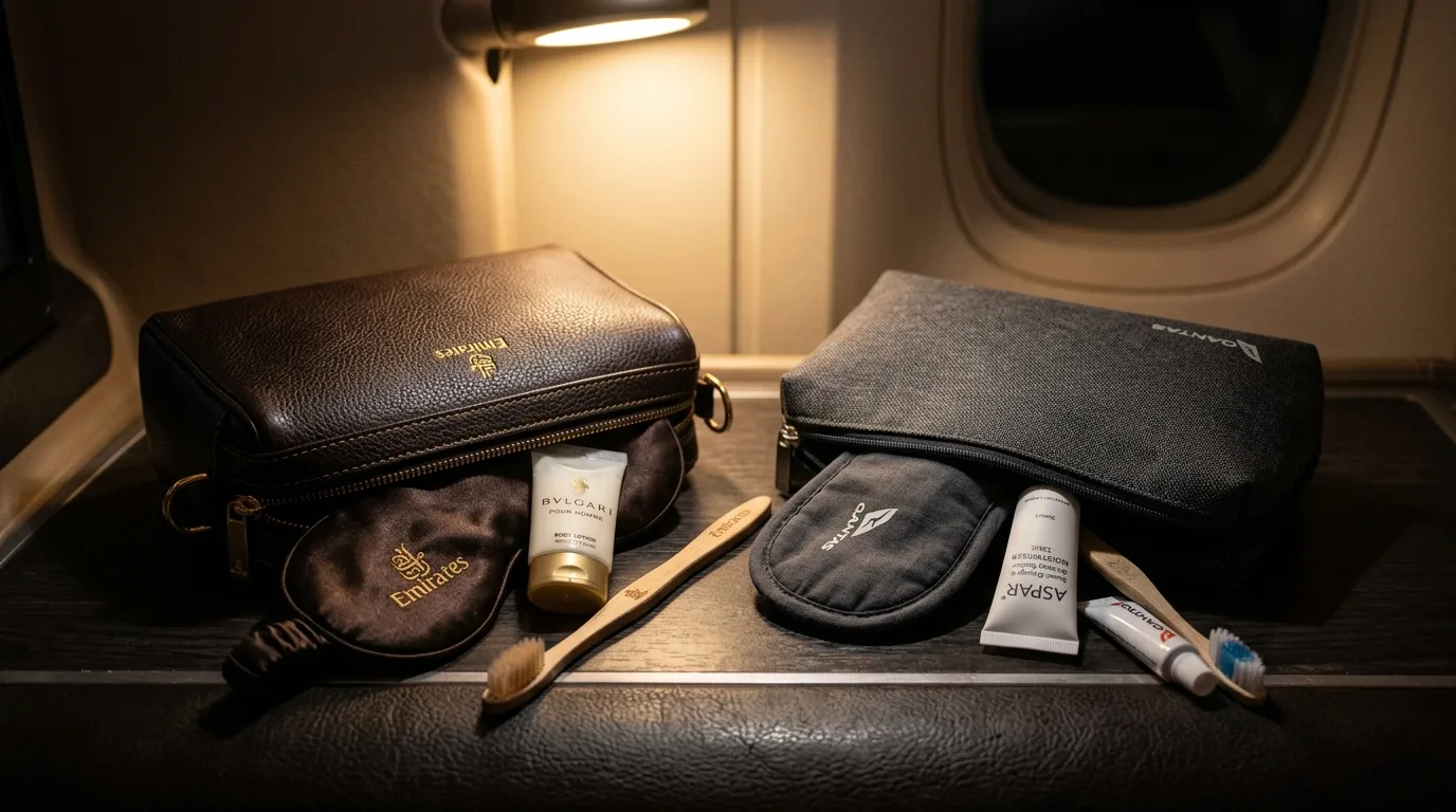 Two airline amenity kits compared side by side