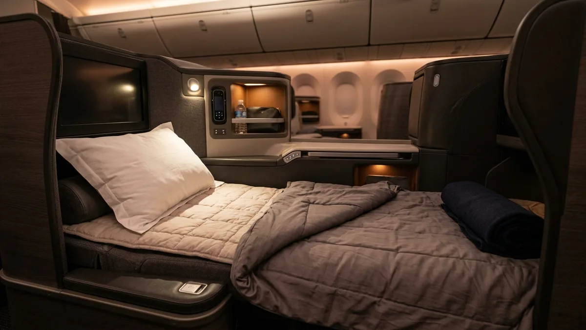 Business class seat fully reclined in lie-flat bed mode