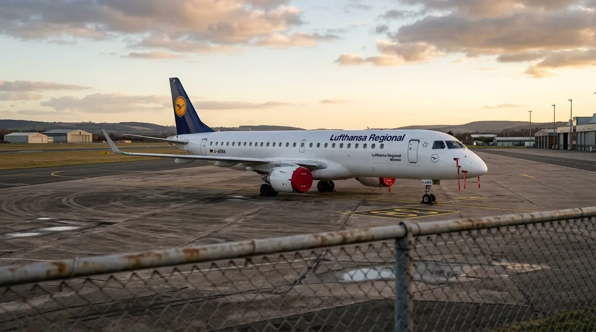 Small regional jet aircraft parked on tarmac with Lufthansa regional livery