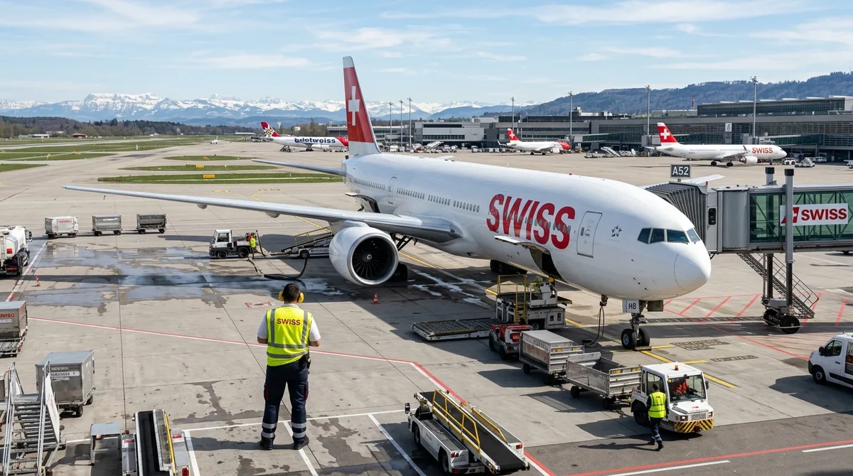 SWISS International Air Lines aircraft at gate with Swiss flag tail