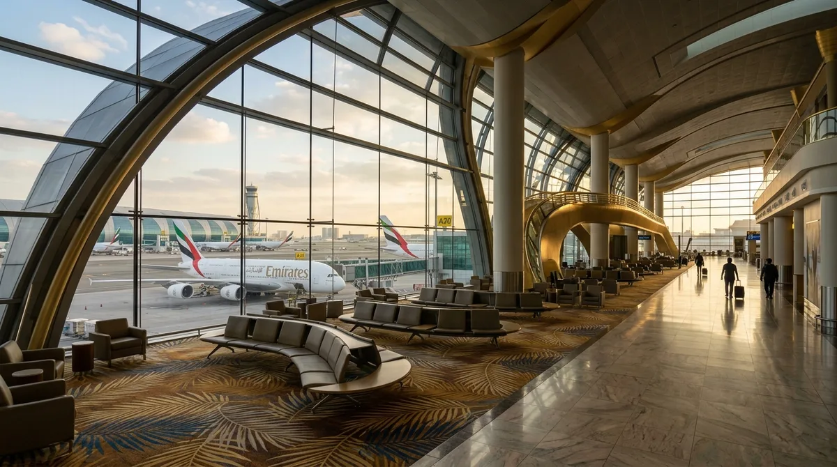 Dubai International Airport terminal interior with Emirates aircraft visible through windows
