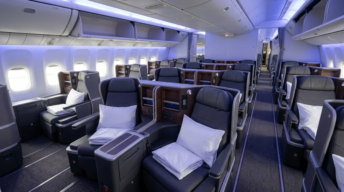 Empty business class cabin with lie-flat seats and mood lighting