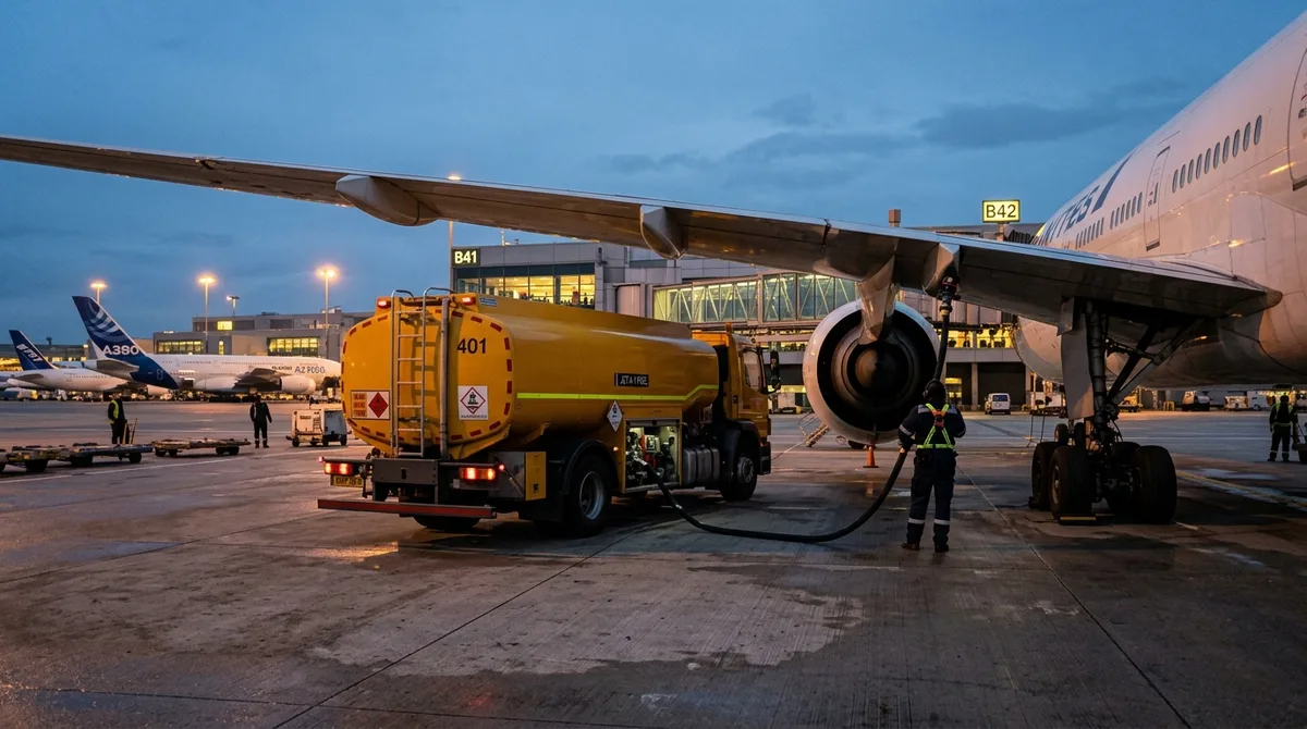 Airport fuel truck refueling a commercial aircraft on the tarmac at dusk