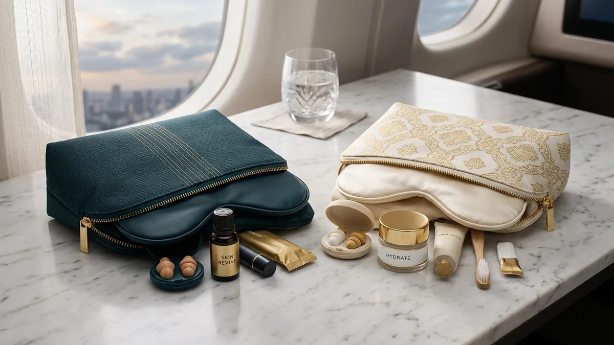 Comparing two premium airline amenity kits