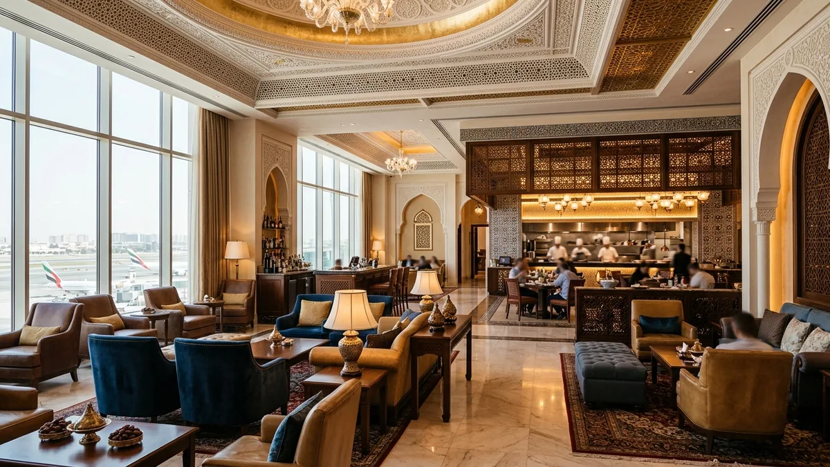 Premium Middle Eastern airline lounge interior