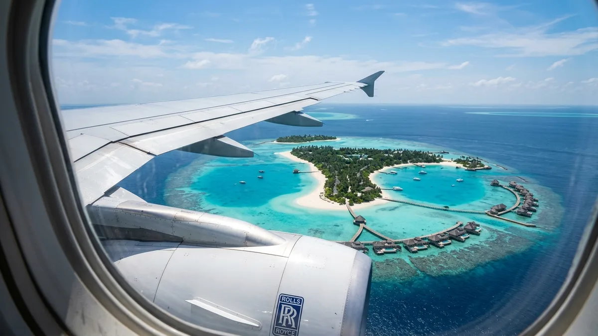 Island destination viewed from an airplane window