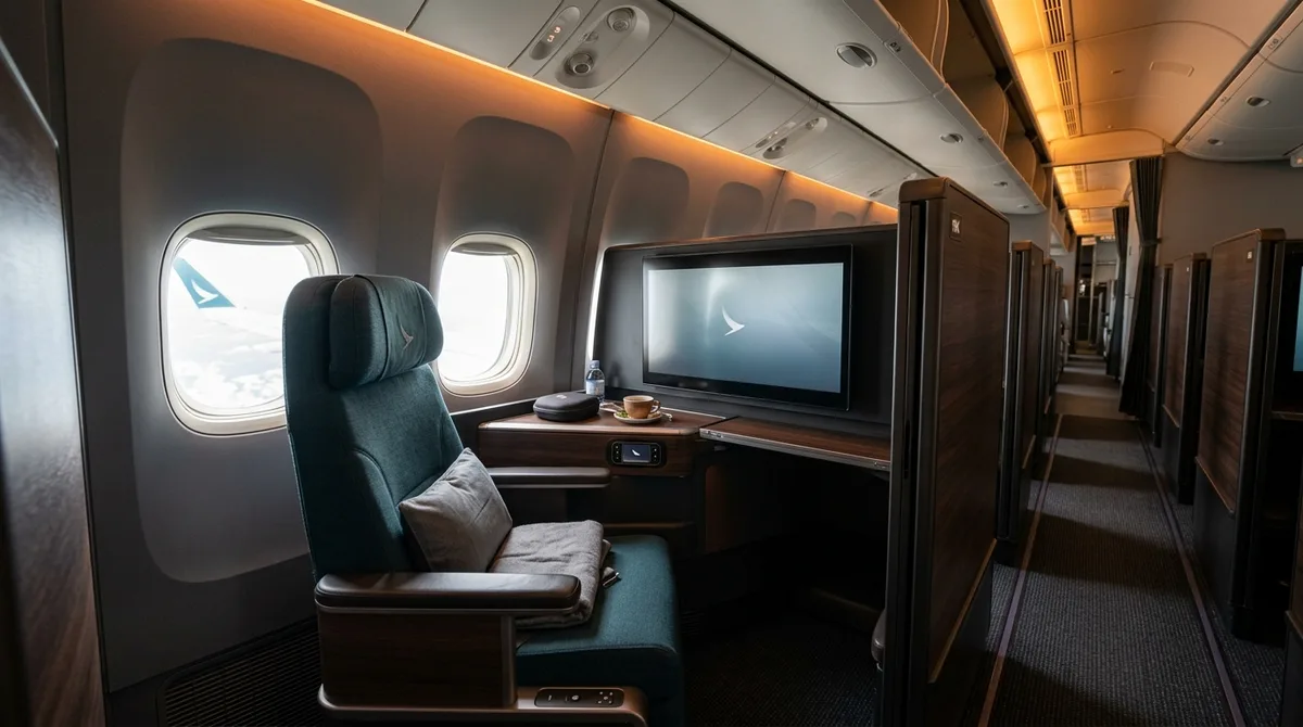 Cathay Pacific business class cabin interior with warm lighting