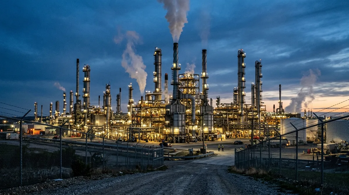 Oil refinery industrial complex at twilight with lights illuminating the structures