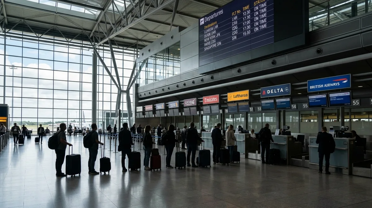 Airline ticket counter with departure screens showing various airlines