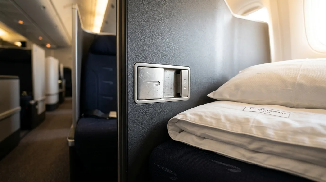 British Airways Club Suite privacy door and bedding detail