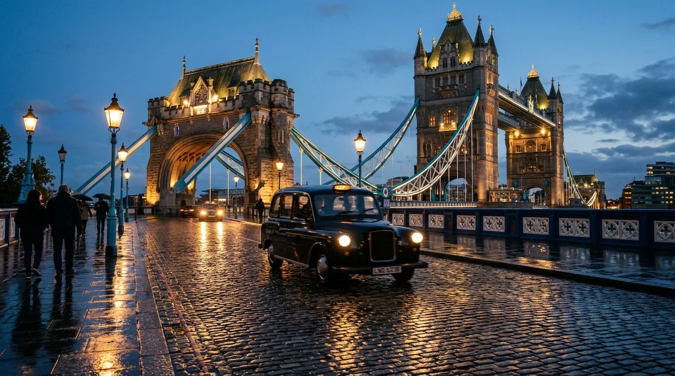London black cab passing Tower Bridge at blue hour