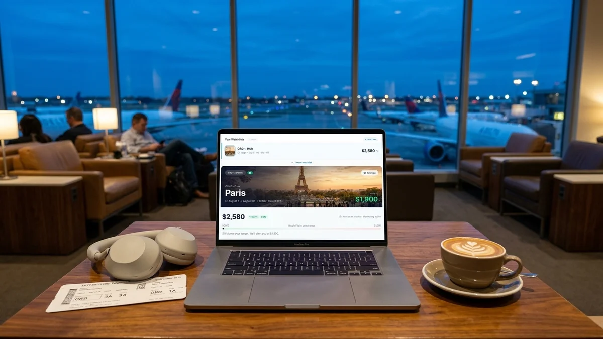 Travel essentials in a premium airport lounge