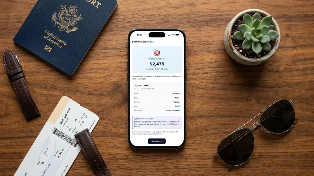 Fare alert notification on a smartphone with passport