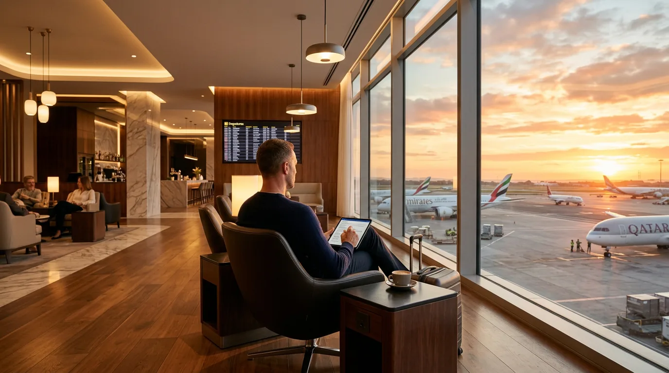 Premium airport departure lounge at golden hour with traveler relaxing overlooking aircraft on the tarmac
