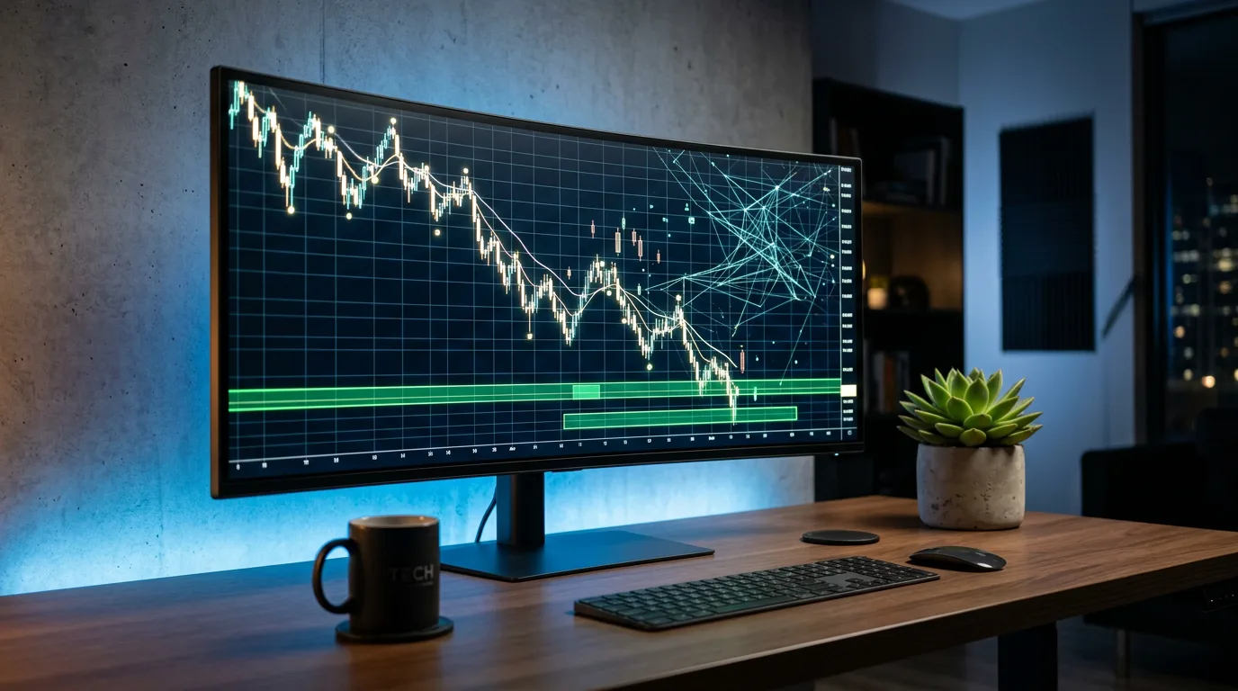 Computer monitor showing declining price chart with green highlighted deal zones