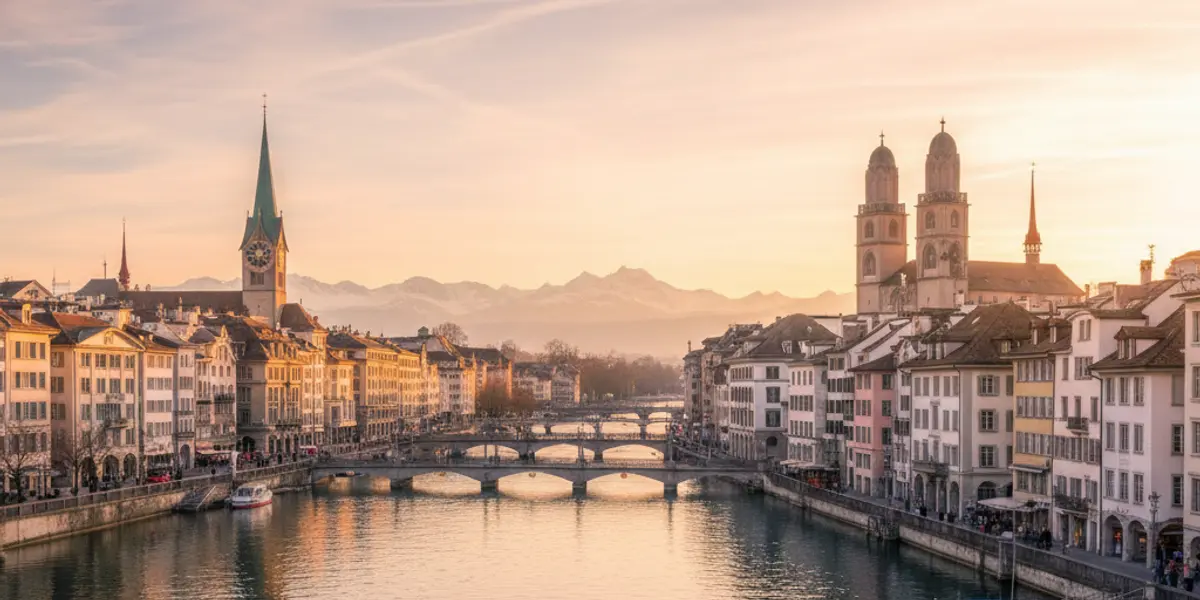 Zurich old town along the Limmat river at sunset